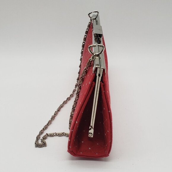 Red Faux Satin Silver Rhinestone Diamond Pattern Chain or Strap Handled Purse - Picture 11 of 12
